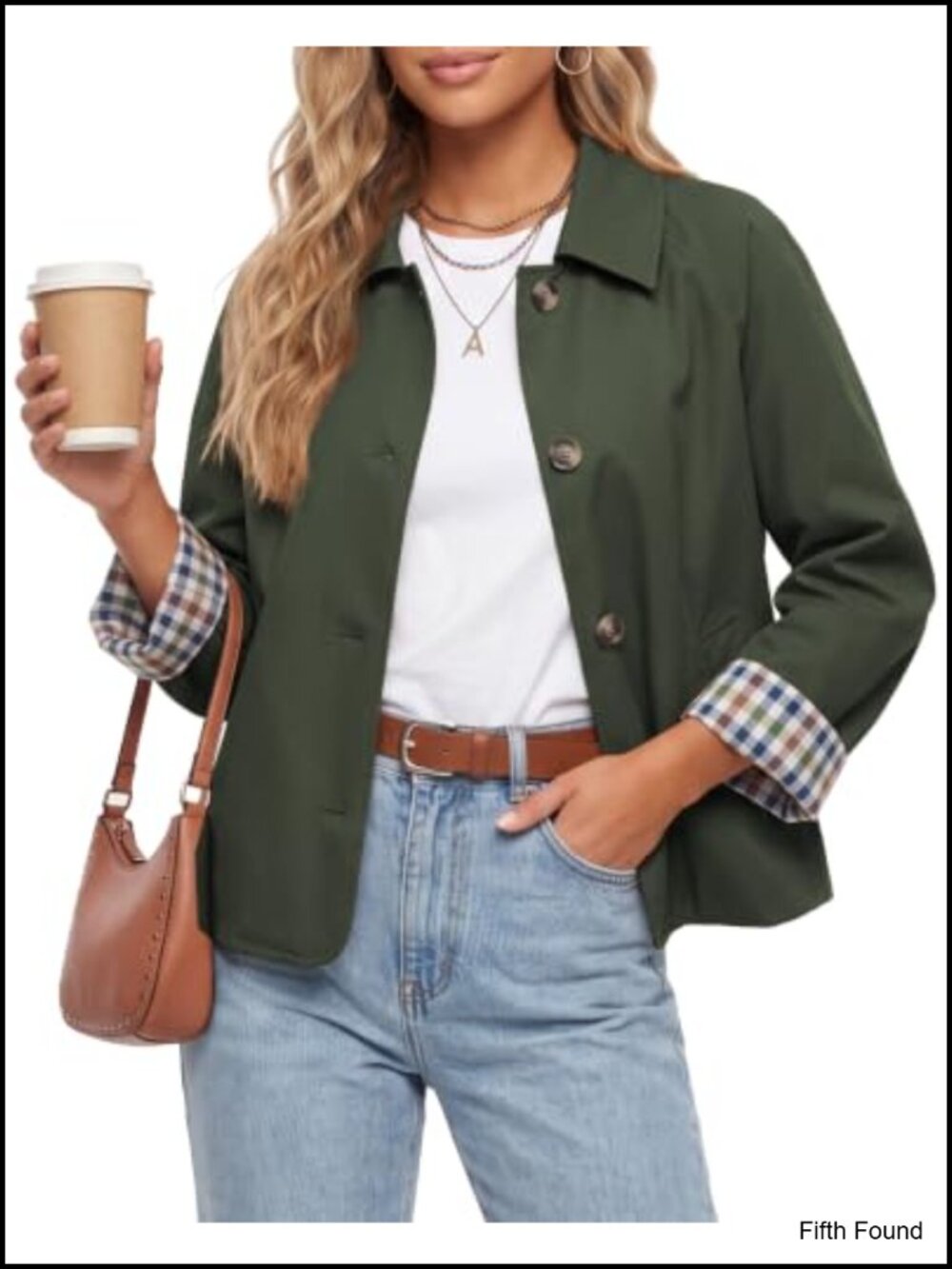 Women's Cropped Trench Coat Plaid Lining Button Down Casual Jacket